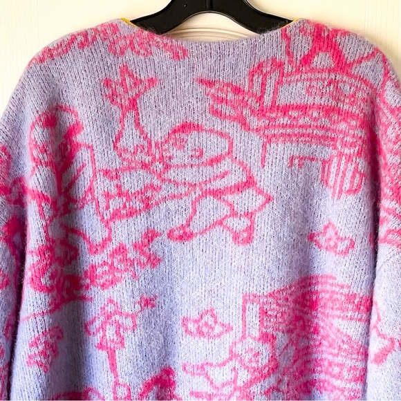 YanYan Fuzzy Laza Cardigan Alpaca Jacquard Oversized Sky Pink Large XL EUC - Picture 7 of 9